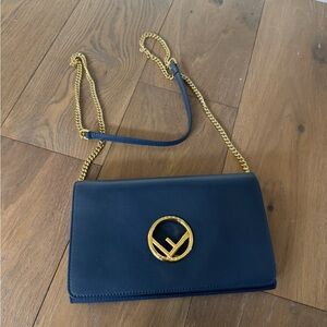 Fendi Elegant Navy Blue Handbag with Gold Chain